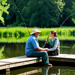 A man and a woman, fully clothed in modest outdoor attire, sitting calmly by the serene waters of a large pond with fishing rods. The background features lush green trees and a clear sky, creating a peaceful, natural atmosphere. The focus is on their shared quiet activity and the tranquil environment. Safe for work, appropriate content, fully clothed, perfect anatomy, correct proportions, well-formed hands, natural body proportions, family-friendly, professional photography, high quality.