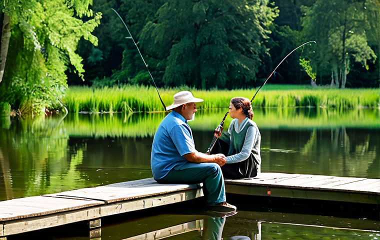 A man and a woman, fully clothed in modest outdoor attire, sitting calmly by the serene waters of a large pond with fishing rods. The background features lush green trees and a clear sky, creating a peaceful, natural atmosphere. The focus is on their shared quiet activity and the tranquil environment. Safe for work, appropriate content, fully clothed, perfect anatomy, correct proportions, well-formed hands, natural body proportions, family-friendly, professional photography, high quality.