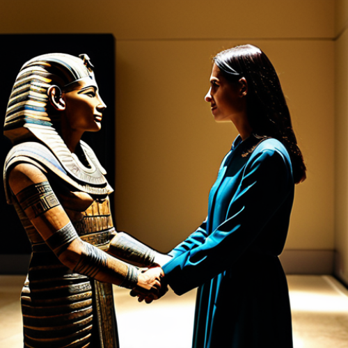 Home 14 ** A couple holding hands, gazing at an ancient Egyptian mummy inside a museum. They are both fully clothed in modest attire. The museum is dimly lit, creating a romantic atmosphere. Safe for work, appropriate content, perfect anatomy, professional photography.
**