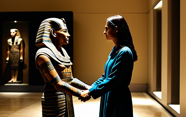 ** A couple holding hands, gazing at an ancient Egyptian mummy inside a museum. They are both fully clothed in modest attire. The museum is dimly lit, creating a romantic atmosphere. Safe for work, appropriate content, perfect anatomy, professional photography.

**