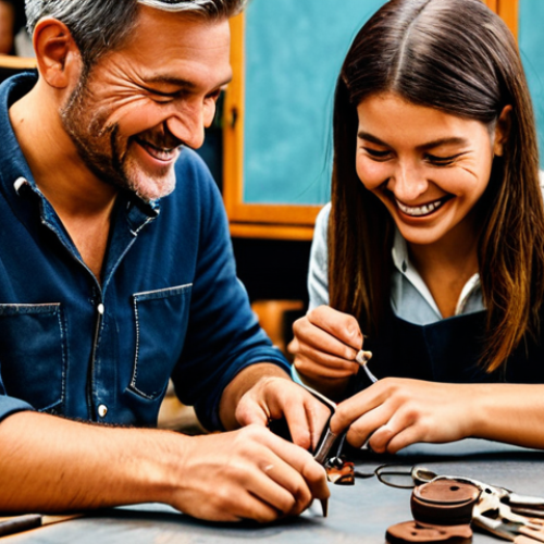 Home 7 **
A couple, fully clothed in appropriate attire, are working together at a leather crafting workshop. They are smiling and focused, with well-formed hands crafting a small leather key-ring. The workshop is bright and organized. Safe for work, appropriate content, professional, modest, perfect anatomy, natural proportions, high quality.
**