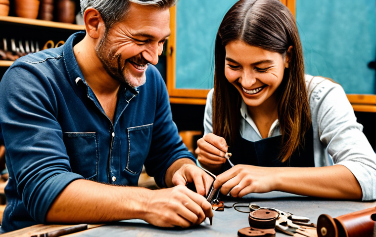 **

A couple, fully clothed in appropriate attire, are working together at a leather crafting workshop. They are smiling and focused, with well-formed hands crafting a small leather key-ring. The workshop is bright and organized. Safe for work, appropriate content, professional, modest, perfect anatomy, natural proportions, high quality.

**