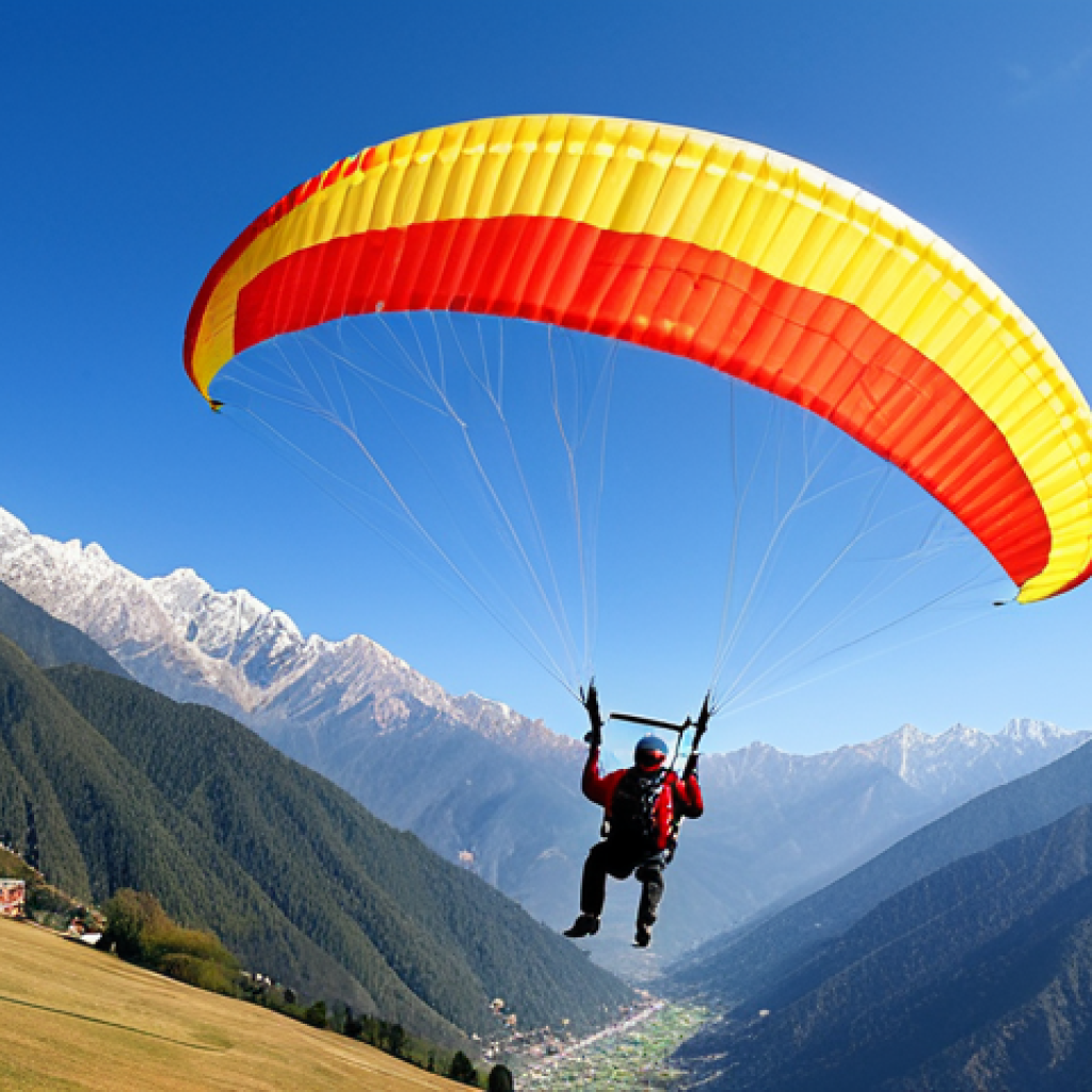 패러글라이딩 데이트 - A fully clothed paraglider soaring over the mountains of Bir Billing, Himachal Pradesh, India. The l...