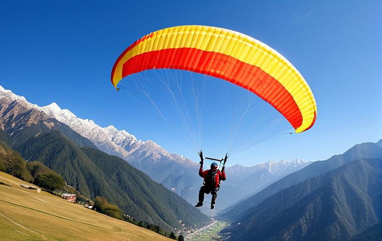 패러글라이딩 데이트 - A fully clothed paraglider soaring over the mountains of Bir Billing, Himachal Pradesh, India. The l...