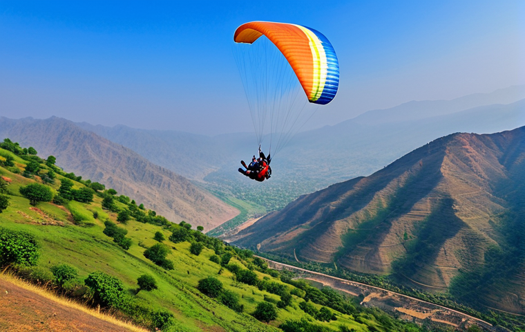 패러글라이딩 데이트 - A fully clothed paraglider soaring over the mountains of Bir Billing, Himachal Pradesh, India. The l...