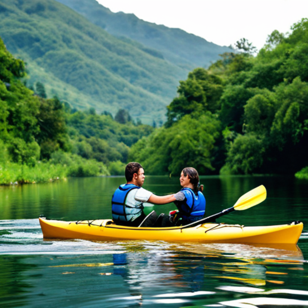 워터스포츠 체험 데이트 - **Kayaking Couple:** "A couple kayaking on a calm river surrounded by lush green scenery, fully clot...