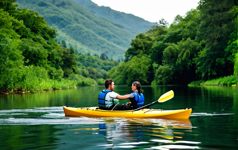 워터스포츠 체험 데이트 - **Kayaking Couple:** "A couple kayaking on a calm river surrounded by lush green scenery, fully clot...