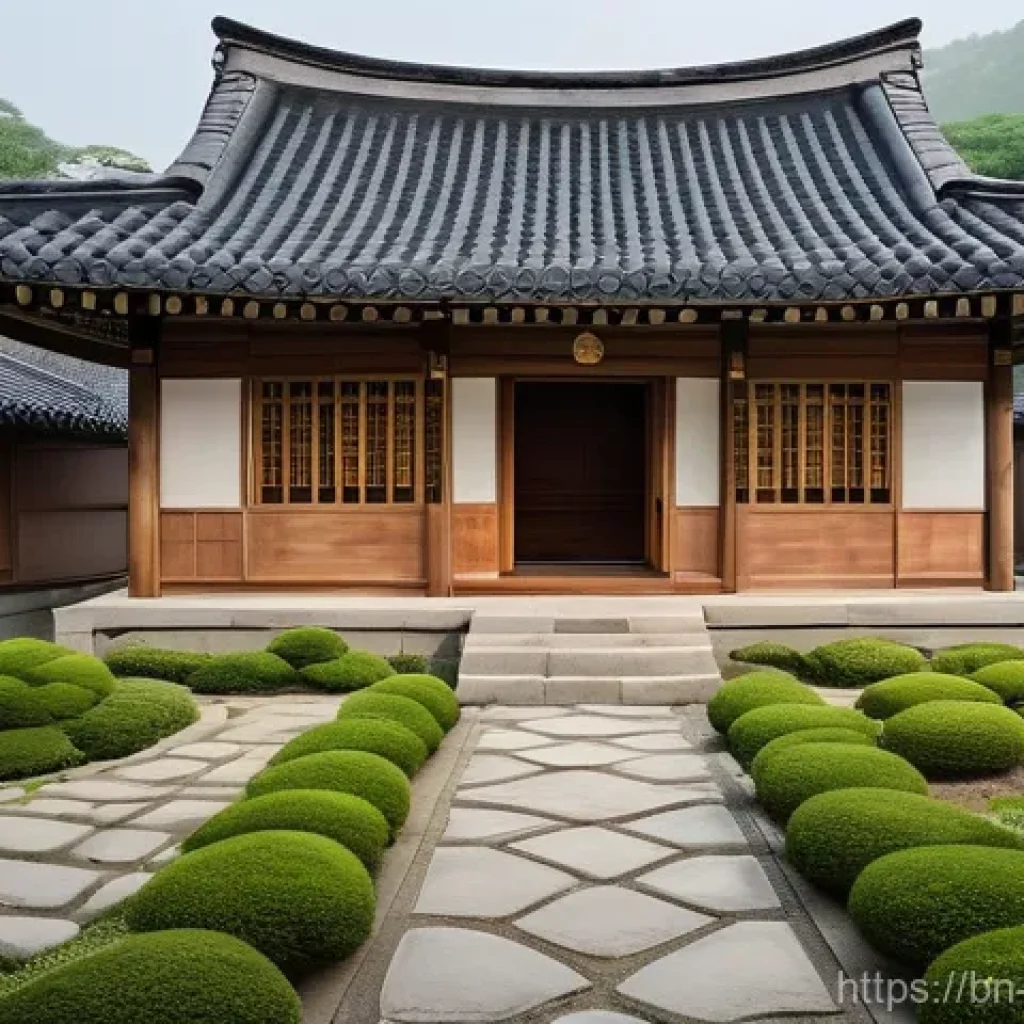 한옥 스테이 체험 - **Prompt:** A serene, wide-angle shot of a traditional Korean Hanok house nestled amidst a vibrant, ...