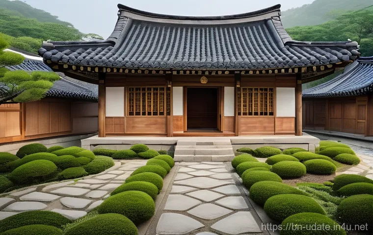 한옥 스테이 체험 - **Prompt:** A serene, wide-angle shot of a traditional Korean Hanok house nestled amidst a vibrant, ...