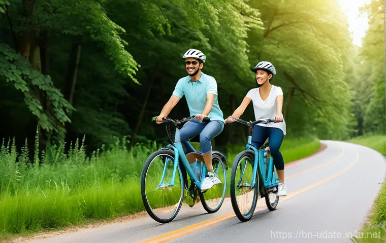 사이클링 로드 데이트 - **Prompt 1: A Serene Cycling Date through Nature**
    "A young couple, approximately in their mid-2...