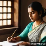 손글씨 캘리그라피 클래스 - **Prompt:** A serene indoor scene featuring a young Bengali woman (20-30 years old) with a focused e...
