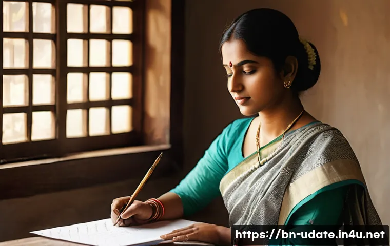 손글씨 캘리그라피 클래스 - **Prompt:** A serene indoor scene featuring a young Bengali woman (20-30 years old) with a focused e...