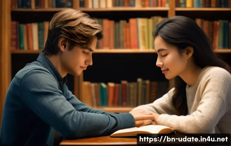 도서관 데이트 - **Prompt 1: Love's New Address: Between Books and Silence**
    "A young couple, in their late twent...