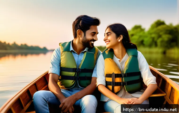 요트 체험 데이트 - A romantic couple sitting closely together in a small wooden boat floating gently on a serene river ...