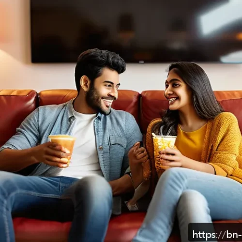 스포츠 경기 관람 데이트 - A cozy living room scene featuring a young Bengali couple watching a sports match on a large flat-sc...