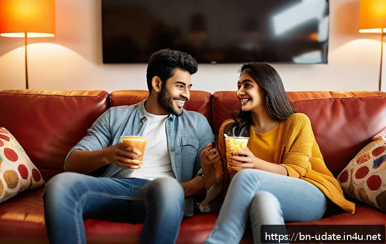 스포츠 경기 관람 데이트 - A cozy living room scene featuring a young Bengali couple watching a sports match on a large flat-sc...