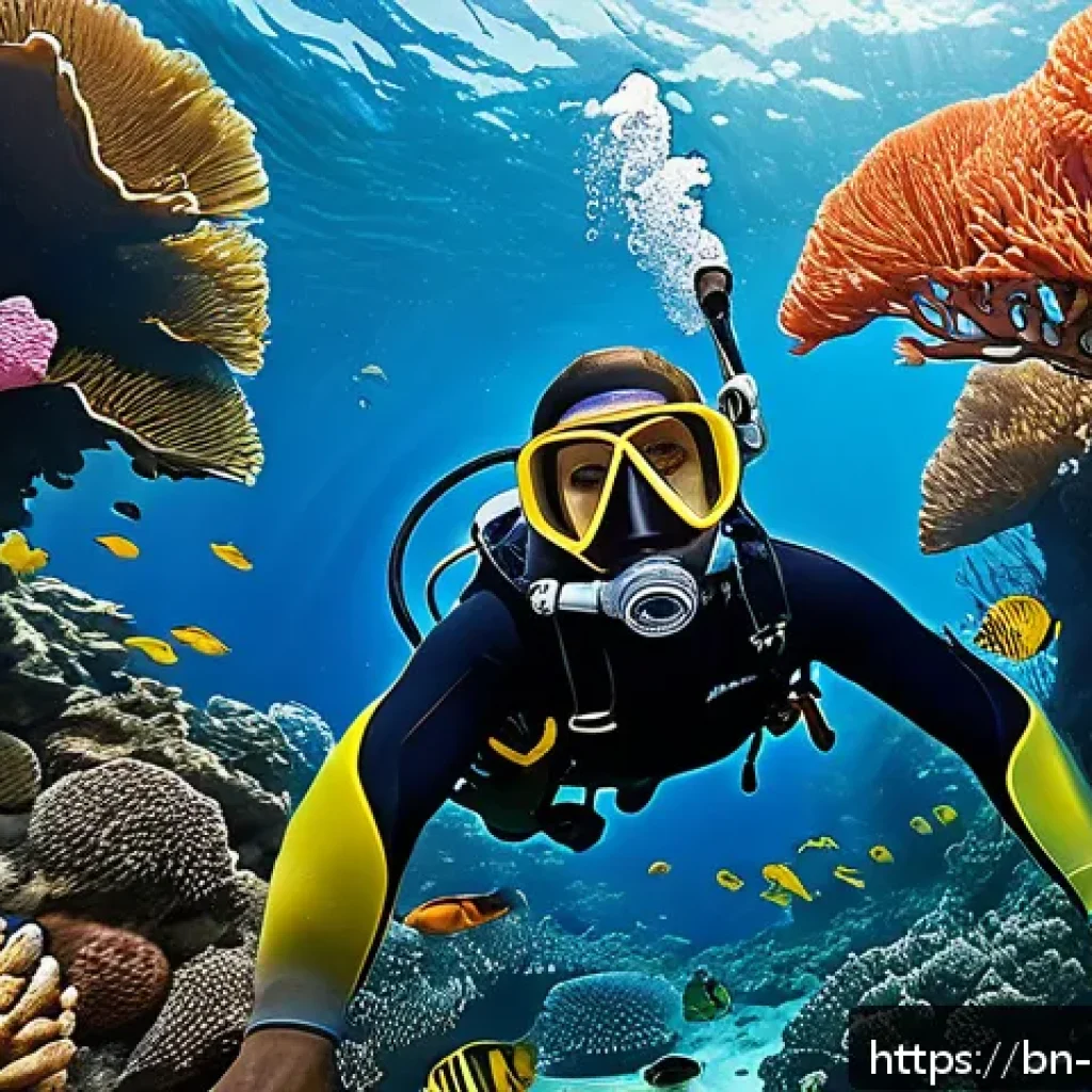 스쿠버 다이빙 체험 - A detailed underwater scene showing a Bengali scuba diver wearing a well-fitted diving mask and snor...