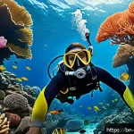 스쿠버 다이빙 체험 - A detailed underwater scene showing a Bengali scuba diver wearing a well-fitted diving mask and snor...