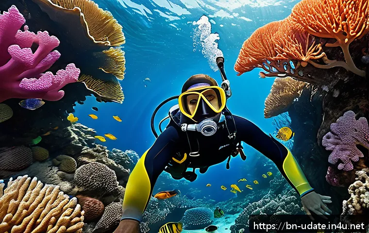 스쿠버 다이빙 체험 - A detailed underwater scene showing a Bengali scuba diver wearing a well-fitted diving mask and snor...