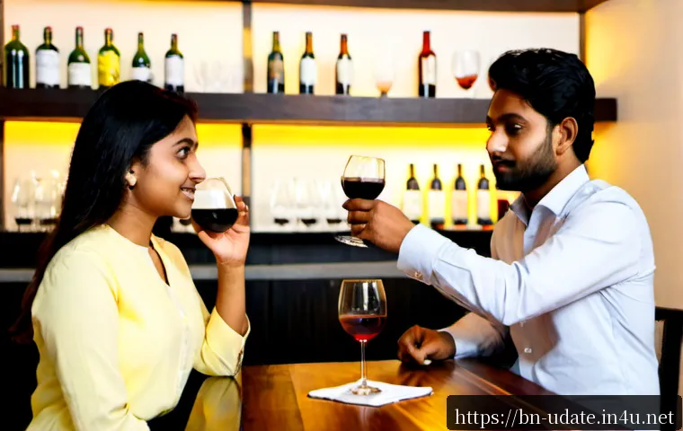 Home 15 와인 테이스팅 데이트 - Photorealistic wine tasting date in an elegant contemporary wine bar in Dhaka, a stylish Bengali cou...