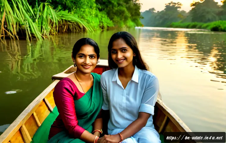 보트 데이트 체험 - Photorealistic romantic boat date on a calm riverside in Bangladesh, a well-dressed adult Bengali co...