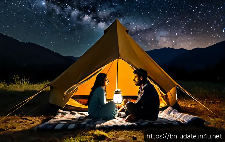 별보기 캠핑 데이트 - Photorealistic Bengali couple on a cozy camping date beneath a brilliant star-filled night sky, sitt...